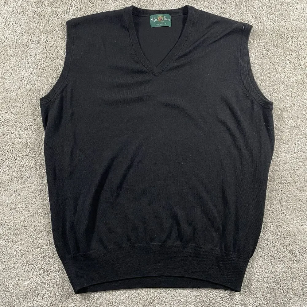 Vintage Alan Paine Men’s V-Neck Sweater Vest Black Merino Wool UK 44 EUR 52 US L